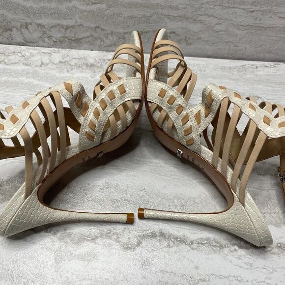 SCHUTZ Snake Print Caged High Heels Leather Sole White Tan Open Toe Ankle Strap - Picture 10 of 16